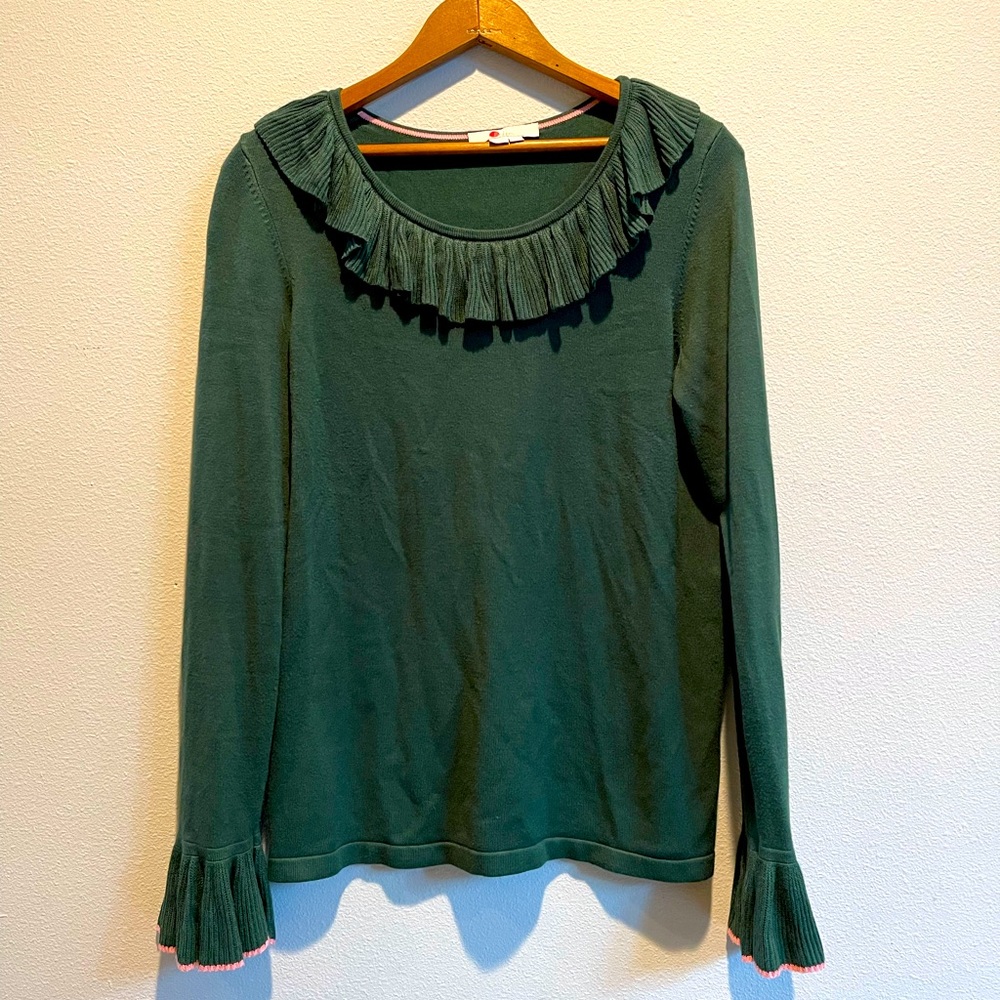 Boden Lavinia Ruffle Sweater in Amazon Green Size 8